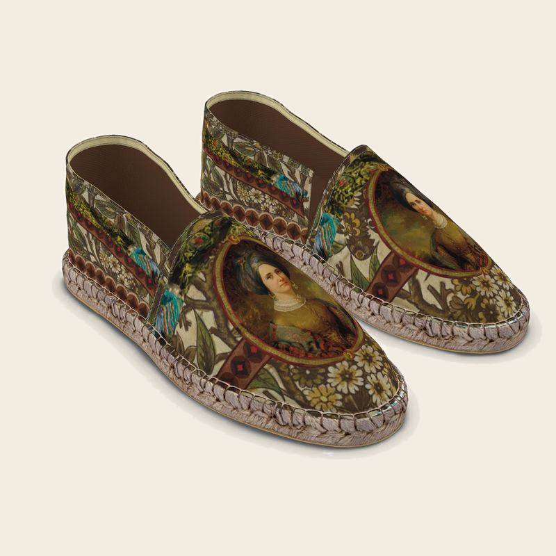 Augusta Lanfree espadrilles, olive damask with a gold oval portrait
