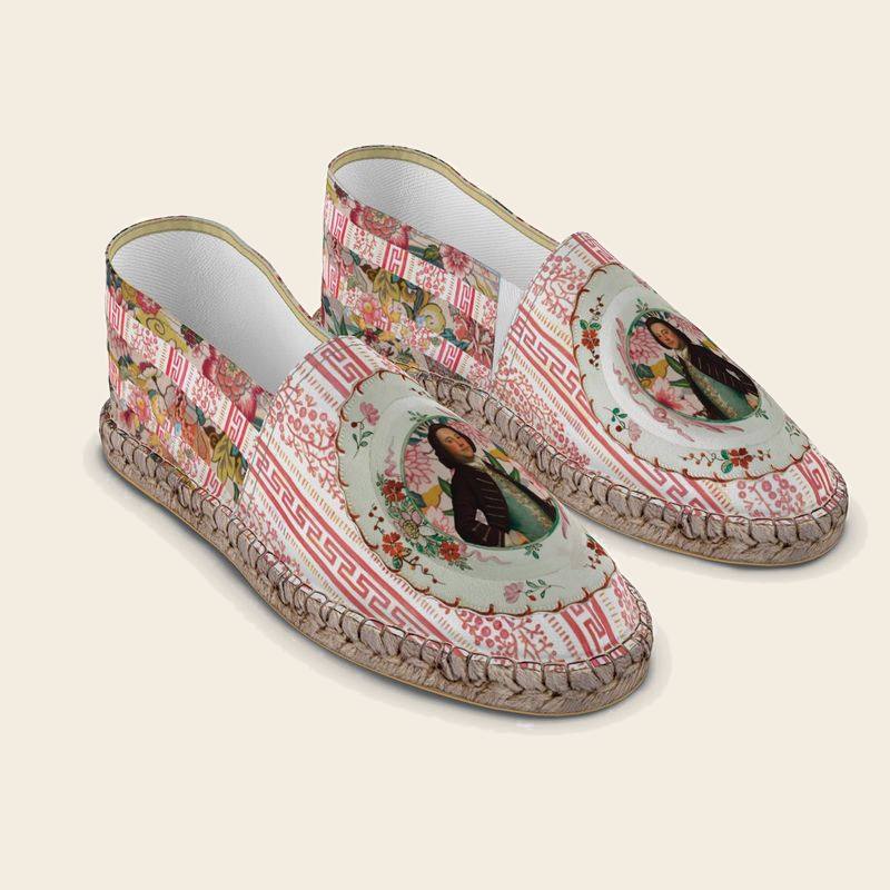 Barbaros West espadrilles, pink zigzag with teal cameo ovals