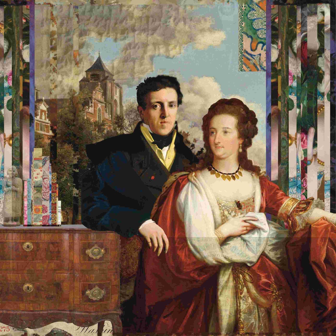 Dilettantes of Ur, a digital collage of nineteenth-century figures against banknote and textile pattern