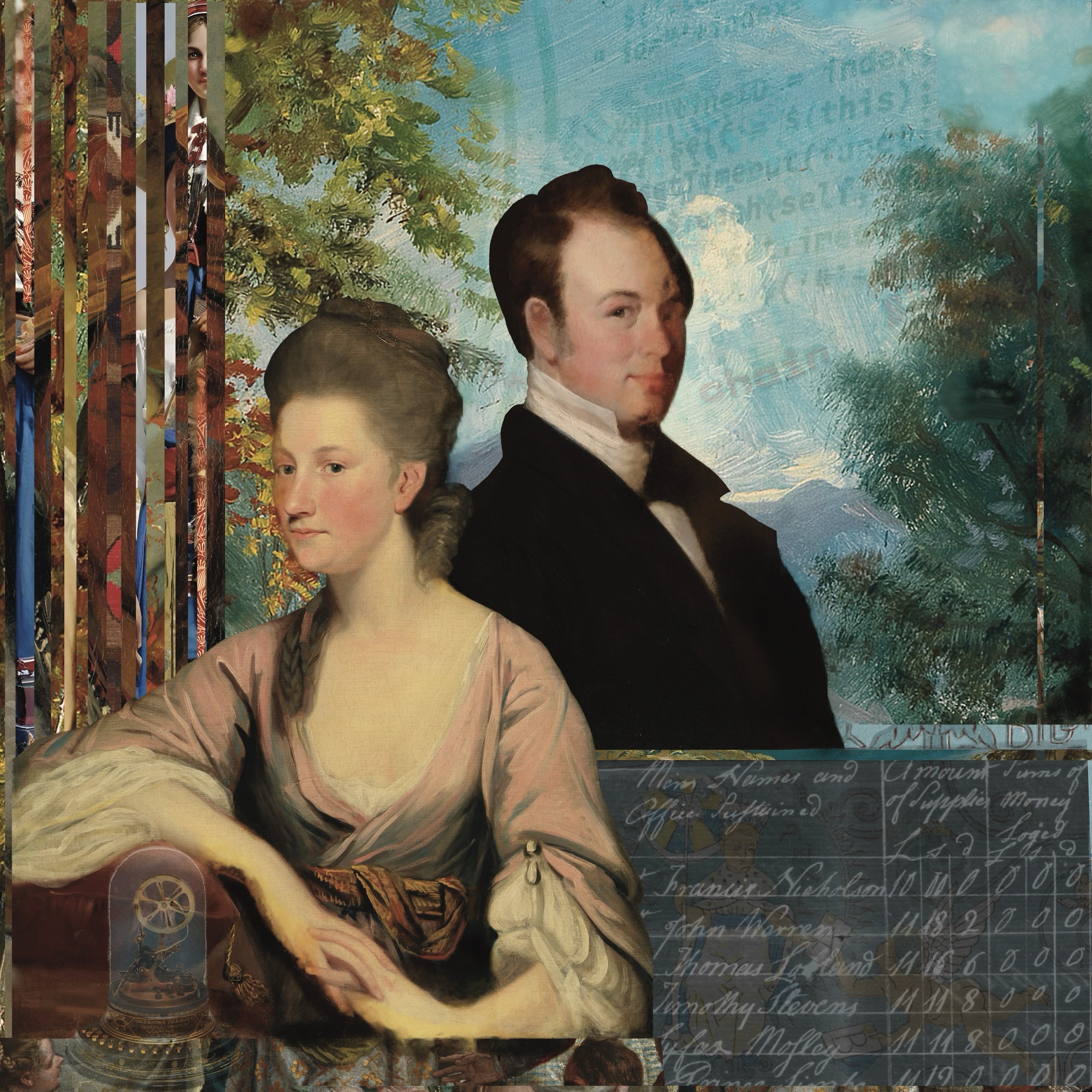 Double Entry, a digital collage of a couple with Civil War ledger, ticker, and blockchain code