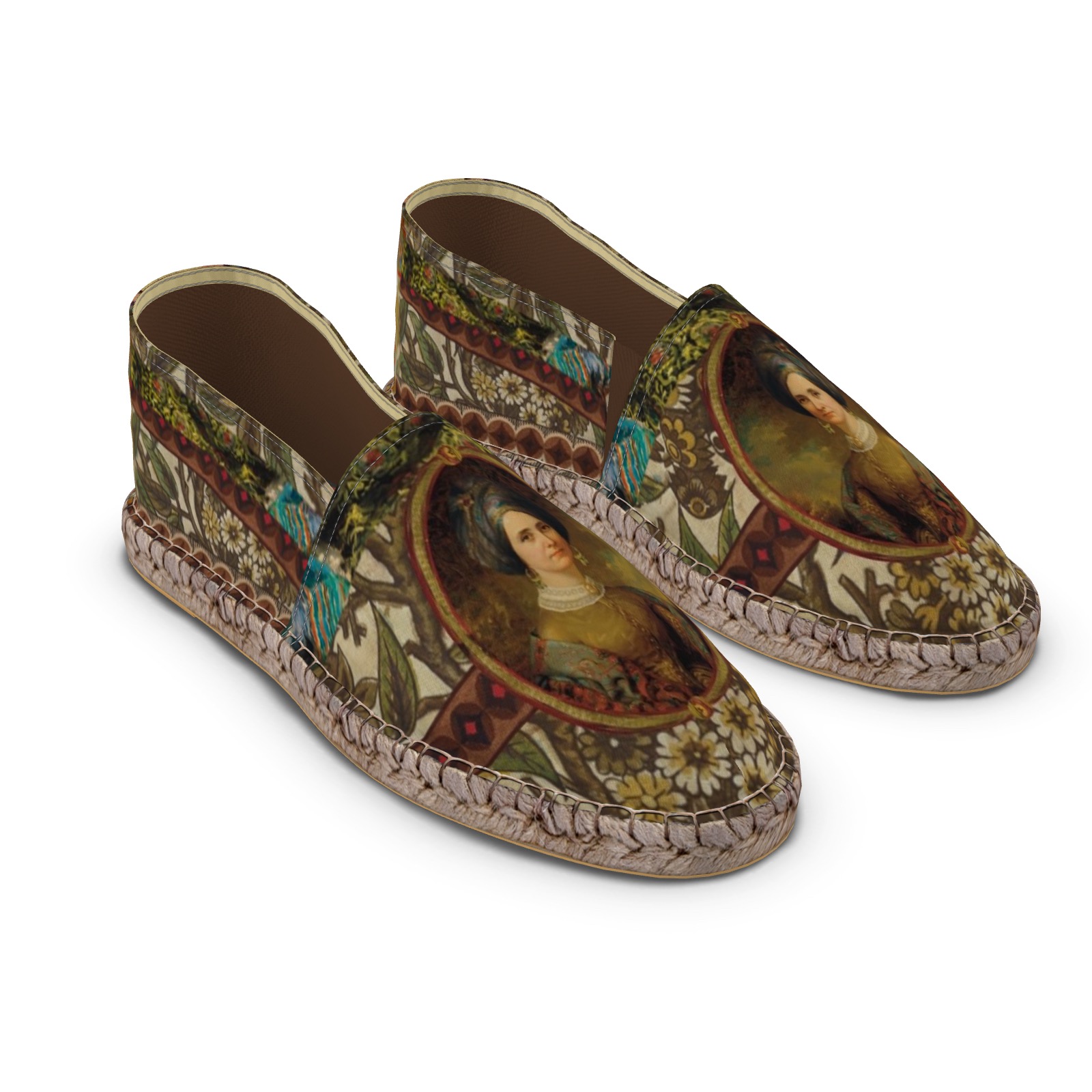 Espadrilles printed with an oval classical portrait collage on the vamp