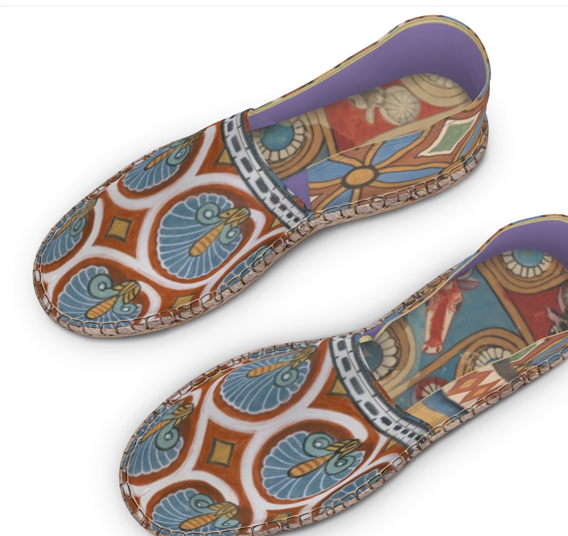 Espadrilles printed with a repeating terracotta and slate-blue palmette pattern, lavender lining