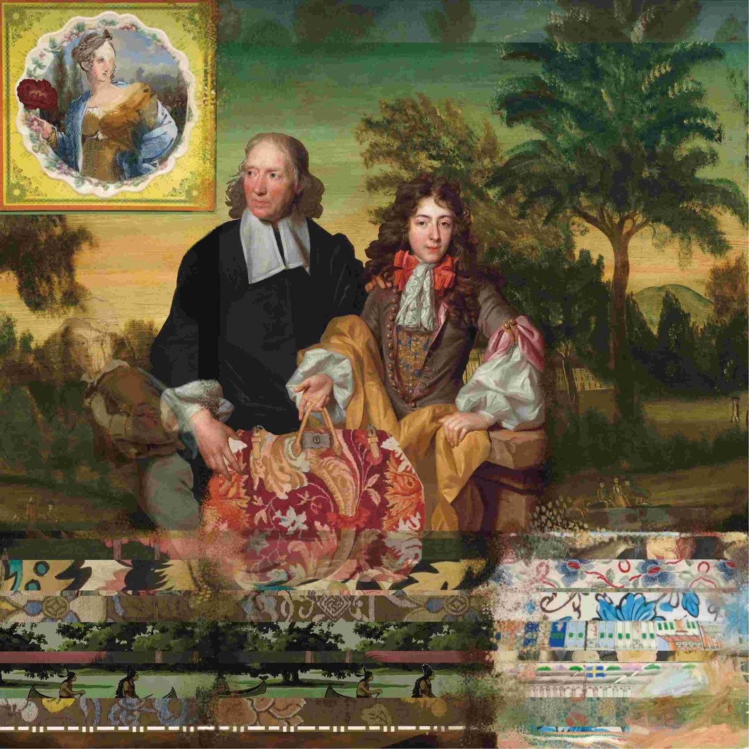 Eugene's Time Passages, a digital collage portrait with textile and ornamental pattern
